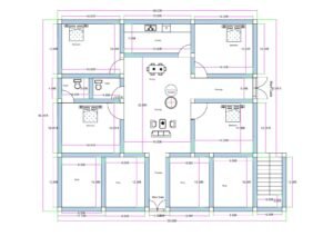 “West-facing 50×45 house plan (actual size 48×46 ft) featuring four commercial shops on the west side, dual entrances—one from the west main gate and another from the south passage under the staircase—an internal staircase accessible from both sides, a large central drawing and dining hall, four bedrooms with attached toilets, and multiple store rooms. Ideal for mixed-use residential + commercial property with strong ventilation and a balanced layout.”