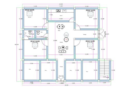 “West-facing 50×45 house plan (actual size 48×46 ft) featuring four commercial shops on the west side, dual entrances—one from the west main gate and another from the south passage under the staircase—an internal staircase accessible from both sides, a large central drawing and dining hall, four bedrooms with attached toilets, and multiple store rooms. Ideal for mixed-use residential + commercial property with strong ventilation and a balanced layout.”