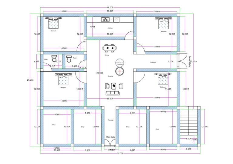 “West-facing 50×45 house plan (actual size 48×46 ft) featuring four commercial shops on the west side, dual entrances—one from the west main gate and another from the south passage under the staircase—an internal staircase accessible from both sides, a large central drawing and dining hall, four bedrooms with attached toilets, and multiple store rooms. Ideal for mixed-use residential + commercial property with strong ventilation and a balanced layout.”