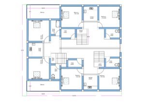 “East-facing 2D floor plan of a 53 ft × 55 ft (approx. 55×55 ft) single residential plot designed to accommodate one house that can be efficiently divided into three independent 2BHK flats on the first floor. Each flat has its own entrance and is connected through a centrally positioned staircase. The layout includes symmetrical bedrooms, attached and common toilets, kitchens, balconies, and circulation space. The ground floor is designed entirely as a large open hall with full parking provision, while the first floor holds all three 2BHK units.”