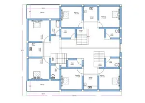 “East-facing 2D floor plan of a 53 ft × 55 ft (approx. 55×55 ft) single residential plot designed to accommodate one house that can be efficiently divided into three independent 2BHK flats on the first floor. Each flat has its own entrance and is connected through a centrally positioned staircase. The layout includes symmetrical bedrooms, attached and common toilets, kitchens, balconies, and circulation space. The ground floor is designed entirely as a large open hall with full parking provision, while the first floor holds all three 2BHK units.”