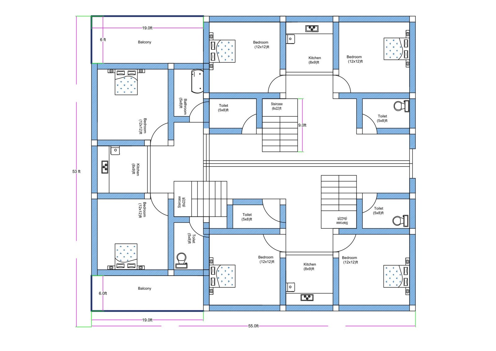 “East-facing 2D floor plan of a 53 ft × 55 ft (approx. 55×55 ft) single residential plot designed to accommodate one house that can be efficiently divided into three independent 2BHK flats on the first floor. Each flat has its own entrance and is connected through a centrally positioned staircase. The layout includes symmetrical bedrooms, attached and common toilets, kitchens, balconies, and circulation space. The ground floor is designed entirely as a large open hall with full parking provision, while the first floor holds all three 2BHK units.”