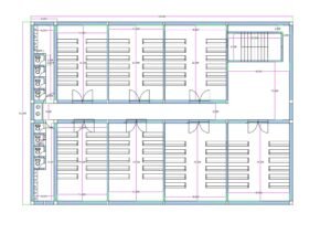 “2D floor plan of a school building designed on a 55×80 ft plot (actual size 55×79 ft), featuring multiple classrooms arranged on both sides of a central corridor. The layout includes organized bench arrangements inside each classroom, dual door entries for smooth movement, a toilet block with multiple units on the left side, and a staircase in the top-right corner. The plan shows proper institutional zoning, ventilation, and circulation suitable for a modern school or coaching institute.”