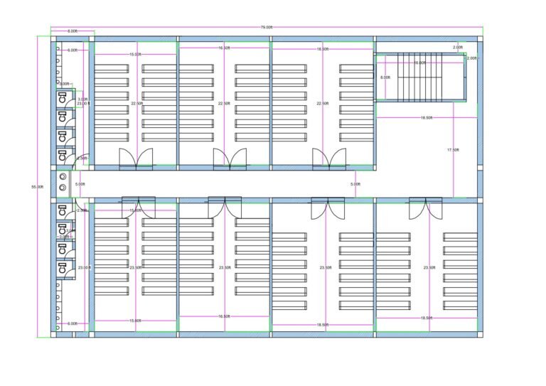 “2D floor plan of a school building designed on a 55×80 ft plot (actual size 55×79 ft), featuring multiple classrooms arranged on both sides of a central corridor. The layout includes organized bench arrangements inside each classroom, dual door entries for smooth movement, a toilet block with multiple units on the left side, and a staircase in the top-right corner. The plan shows proper institutional zoning, ventilation, and circulation suitable for a modern school or coaching institute.”