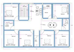 “East-facing 6BHK 2D house floor plan designed on a 60×45 ft residential plot, featuring six bedrooms, a centrally placed dining area, a puja room, two toilets, a separate kitchen, a drawing room, and a staircase block. The layout includes symmetrical bedroom placement on both sides, wide internal passages, well-planned circulation, and clearly marked room dimensions suitable for a large joint family house.”