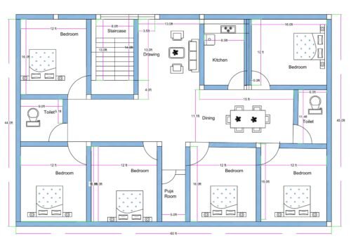 “East-facing 6BHK 2D house floor plan designed on a 60×45 ft residential plot, featuring six bedrooms, a centrally placed dining area, a puja room, two toilets, a separate kitchen, a drawing room, and a staircase block. The layout includes symmetrical bedroom placement on both sides, wide internal passages, well-planned circulation, and clearly marked room dimensions suitable for a large joint family house.”
