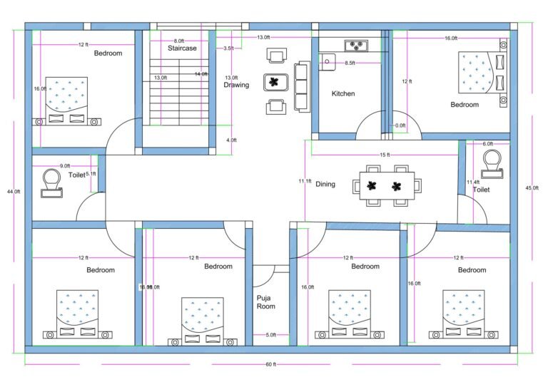 “East-facing 6BHK 2D house floor plan designed on a 60×45 ft residential plot, featuring six bedrooms, a centrally placed dining area, a puja room, two toilets, a separate kitchen, a drawing room, and a staircase block. The layout includes symmetrical bedroom placement on both sides, wide internal passages, well-planned circulation, and clearly marked room dimensions suitable for a large joint family house.”
