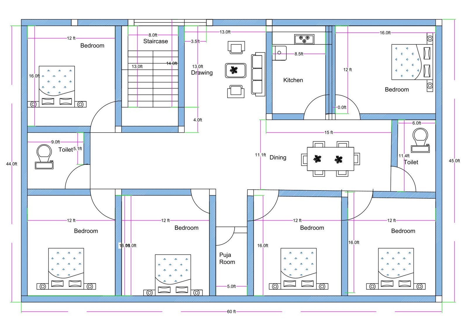 “East-facing 6BHK 2D house floor plan designed on a 60×45 ft residential plot, featuring six bedrooms, a centrally placed dining area, a puja room, two toilets, a separate kitchen, a drawing room, and a staircase block. The layout includes symmetrical bedroom placement on both sides, wide internal passages, well-planned circulation, and clearly marked room dimensions suitable for a large joint family house.”