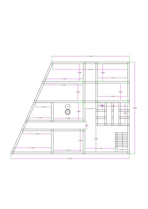 “2D hospital floor plan designed on a 60×55 ft plot (actual size 62×55 ft), featuring consulting cabins, treatment rooms, waiting areas, an angled boundary layout, passageways, and a staircase block. The plan shows clear room divisions, accurate dimensions, and circulation areas suitable for a small hospital, clinic, diagnostic centre, or medical facility.”