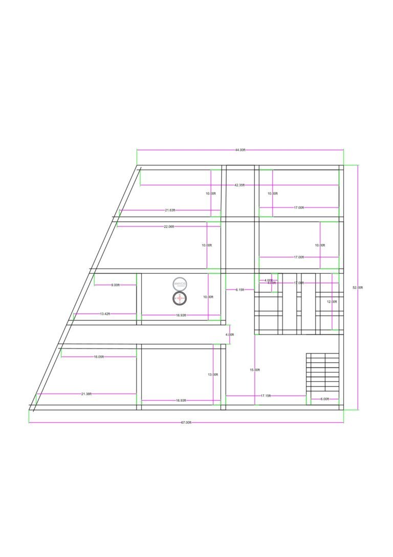 “2D hospital floor plan designed on a 60×55 ft plot (actual size 62×55 ft), featuring consulting cabins, treatment rooms, waiting areas, an angled boundary layout, passageways, and a staircase block. The plan shows clear room divisions, accurate dimensions, and circulation areas suitable for a small hospital, clinic, diagnostic centre, or medical facility.”