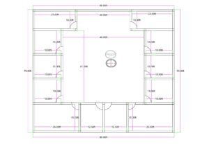 “2D floor plan of an 80×70 ft school or madarsa building (actual size 80×70 ft), featuring classrooms arranged along all four sides of a large central courtyard. The layout includes uniform room dimensions, dedicated entry points, structured corridors, and a symmetrical educational design suitable for institutes, coaching centres, and madarsa learning environments.”
