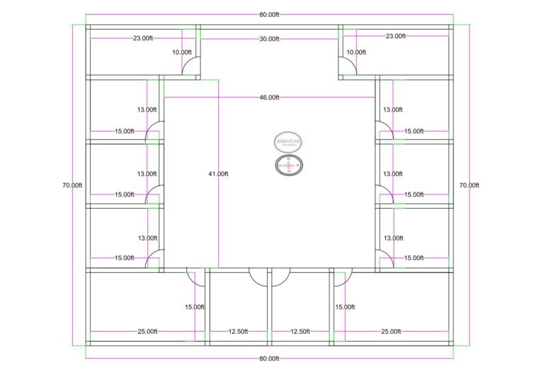 “2D floor plan of an 80×70 ft school or madarsa building (actual size 80×70 ft), featuring classrooms arranged along all four sides of a large central courtyard. The layout includes uniform room dimensions, dedicated entry points, structured corridors, and a symmetrical educational design suitable for institutes, coaching centres, and madarsa learning environments.”