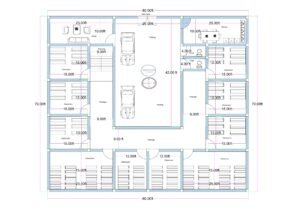 “2D floor plan of an 80×70 ft school or madarsa building featuring multiple classrooms arranged along all four sides, central parking/courtyard area, passages around the core, staff room, principal room, toilets, and a kitchen block. The layout shows uniform classroom dimensions, symmetrical planning, and well-defined circulation suitable for an educational institute or Islamic madarsa setup.”