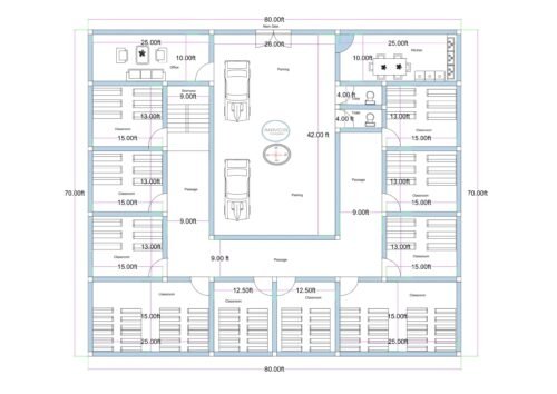 “2D floor plan of an 80×70 ft school or madarsa building featuring multiple classrooms arranged along all four sides, central parking/courtyard area, passages around the core, staff room, principal room, toilets, and a kitchen block. The layout shows uniform classroom dimensions, symmetrical planning, and well-defined circulation suitable for an educational institute or Islamic madarsa setup.”