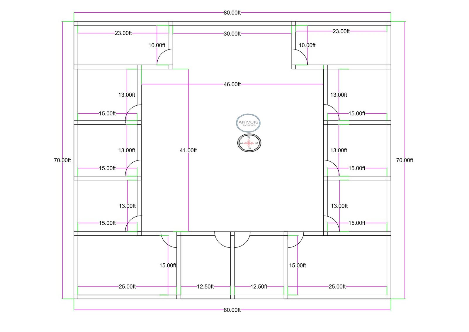 “2D floor plan of an 80×70 ft school or madarsa building (actual size 80×70 ft), featuring classrooms arranged along all four sides of a large central courtyard. The layout includes uniform room dimensions, dedicated entry points, structured corridors, and a symmetrical educational design suitable for institutes, coaching centres, and madarsa learning environments.”