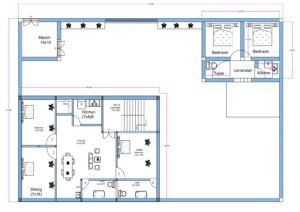 “2D floor plan of a 75×50 ft house (actual size 75×52 ft) featuring a 3BHK layout inside a full compound with surrounding parking and open passages. The plan includes a centrally placed drawing and dining area, a dedicated kitchen, a 10×10 ft temple, and a separate servant or guard room with attached toilet and kitchen. The compound design provides open movement space and vehicle parking around all sides.”