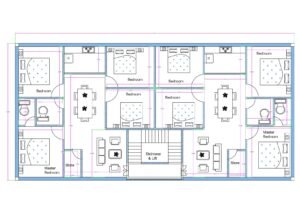 “2D floor plan of an 80×40 ft residential building (actual size 82×42 ft) featuring two independent 4BHK flats on a single floor. Each flat includes a master bedroom, multiple bedrooms, attached toilets, living room, dining area, store room, and a centrally positioned staircase with lift access. The layout is symmetrical and designed for twin-family living or rental apartment use.”