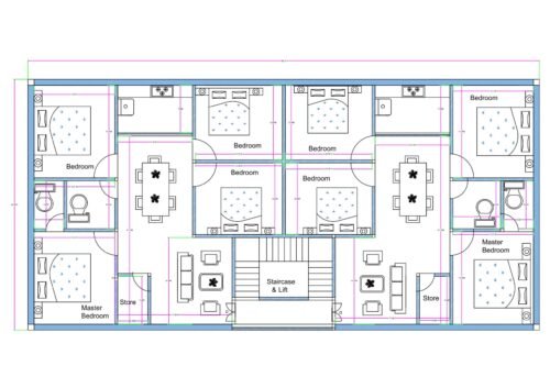 “2D floor plan of an 80×40 ft residential building (actual size 82×42 ft) featuring two independent 4BHK flats on a single floor. Each flat includes a master bedroom, multiple bedrooms, attached toilets, living room, dining area, store room, and a centrally positioned staircase with lift access. The layout is symmetrical and designed for twin-family living or rental apartment use.”