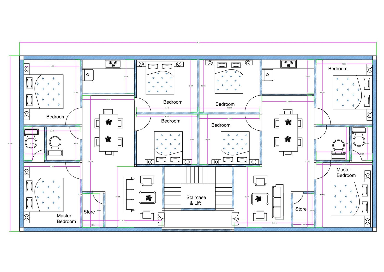 “2D floor plan of an 80×40 ft residential building (actual size 82×42 ft) featuring two independent 4BHK flats on a single floor. Each flat includes a master bedroom, multiple bedrooms, attached toilets, living room, dining area, store room, and a centrally positioned staircase with lift access. The layout is symmetrical and designed for twin-family living or rental apartment use.”