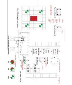 Pile foundation structural drawing for G+4 building showing plan of footing with four circular piles, central rectangular column, pile cap layout, reinforcement detailing, column reinforcement plan (C1 and C2), plinth beam cross-section, and pile cross-section. The top plan illustrates green circular shapes representing piles and a red rectangular block indicating the column size. The drawing also includes longitudinal section (L/S) of column with pile foundation, pile diameter details, main reinforcement bars, stirrups spacing, plinth beam size (approximately 1 ft × 2 ft), pile cap thickness, and reinforcement details such as 12mm bars at specified spacing. The foundation cross-section clearly shows pile embedment depth and load transfer from column to pile cap and piles.
