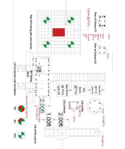 Pile foundation structural drawing for G+4 building showing plan of footing with four circular piles, central rectangular column, pile cap layout, reinforcement detailing, column reinforcement plan (C1 and C2), plinth beam cross-section, and pile cross-section. The top plan illustrates green circular shapes representing piles and a red rectangular block indicating the column size. The drawing also includes longitudinal section (L/S) of column with pile foundation, pile diameter details, main reinforcement bars, stirrups spacing, plinth beam size (approximately 1 ft × 2 ft), pile cap thickness, and reinforcement details such as 12mm bars at specified spacing. The foundation cross-section clearly shows pile embedment depth and load transfer from column to pile cap and piles.