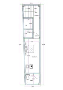 9.1 ft narrow trapezoidal plot house plan with lift staircase reception and bedroom 40 ft deep layout (Alternative variations for rotation) • 9.1 feet wide compact house plan with lift and staircase provision • Narrow 40 ft deep ground floor plan with reception and bedroom • Trapezoidal 9 ft frontage house design with vertical circulation core