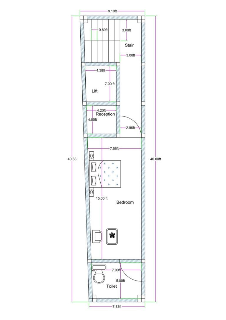 9.1 ft narrow trapezoidal plot house plan with lift staircase reception and bedroom 40 ft deep layout (Alternative variations for rotation) • 9.1 feet wide compact house plan with lift and staircase provision • Narrow 40 ft deep ground floor plan with reception and bedroom • Trapezoidal 9 ft frontage house design with vertical circulation core