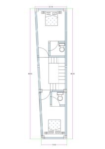 9.1 ft front narrow trapezoidal 2BHK house plan 40 ft deep compact ground floor layout (Alternative variations for rotation) • 9.1 feet wide 40 feet deep 2BHK floor plan with staircase • Trapezoidal narrow plot 2BHK ground floor house design • 9 ft frontage compact 2 bedroom house plan with two toilets