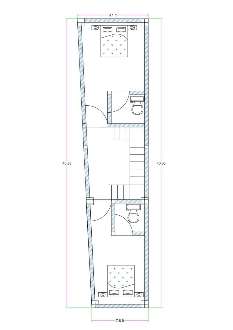 9.1 ft front narrow trapezoidal 2BHK house plan 40 ft deep compact ground floor layout (Alternative variations for rotation) • 9.1 feet wide 40 feet deep 2BHK floor plan with staircase • Trapezoidal narrow plot 2BHK ground floor house design • 9 ft frontage compact 2 bedroom house plan with two toilets