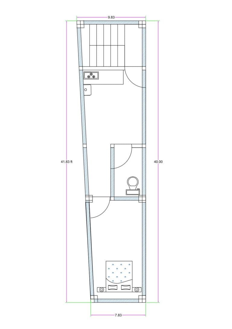 9.83 ft narrow trapezoidal plot 1BHK house plan 40 ft deep compact ground floor layout (Alternative variations) • 9.83 feet wide 1 bedroom narrow plot house plan with staircase • Trapezoidal 40 ft deep compact 1BHK floor plan design • Narrow 9 ft frontage 1BHK house layout with hall and kitchen
