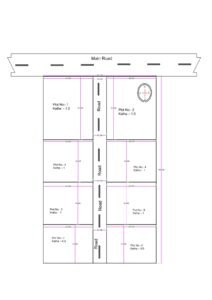 “2D plotting layout of a 90×150 ft land area (actual size 90.75×150 ft) showing eight residential plots arranged along an internal road connected to a main road. Each plot is labeled with plot number and katha area, with standardized dimensions and central road access. The planned layout is symmetrical, showing a clear division of plots for residential sale or township development.”
