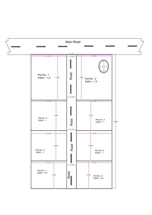 “2D plotting layout of a 90×150 ft land area (actual size 90.75×150 ft) showing eight residential plots arranged along an internal road connected to a main road. Each plot is labeled with plot number and katha area, with standardized dimensions and central road access. The planned layout is symmetrical, showing a clear division of plots for residential sale or township development.”