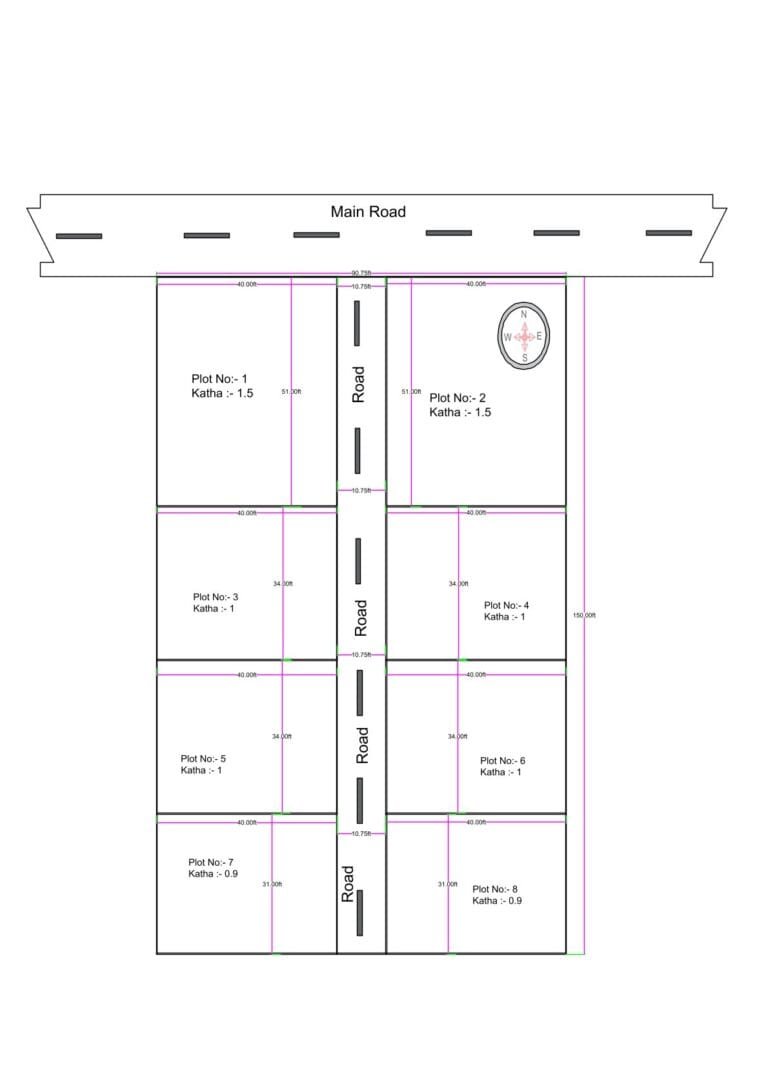 “2D plotting layout of a 90×150 ft land area (actual size 90.75×150 ft) showing eight residential plots arranged along an internal road connected to a main road. Each plot is labeled with plot number and katha area, with standardized dimensions and central road access. The planned layout is symmetrical, showing a clear division of plots for residential sale or township development.”