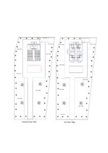 “2D floor plan of a 100×250 ft resort (actual size 96×249 ft) showing a large landscaped lawn area on both sides, a central pathway, a ground-floor banquet hall with stage and dining setup, and a first-floor accommodation block with multiple rooms. The layout includes planted green zones, symmetrical outdoor spaces, and separate circulation for resort guests.”
