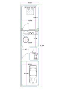 9x40 feet narrow plot 1BHK house plan with car parking compact 9 ft wide ground floor layout (Alternative variations) • 9 feet wide 40 feet deep 1BHK floor plan with parking • Narrow rectangular 9x40 house plan with bedroom kitchen toilet • Compact urban 9 ft frontage house layout with car parking