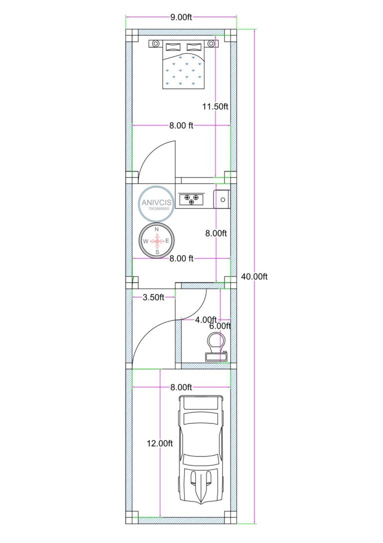 9x40 feet narrow plot 1BHK house plan with car parking compact 9 ft wide ground floor layout (Alternative variations) • 9 feet wide 40 feet deep 1BHK floor plan with parking • Narrow rectangular 9x40 house plan with bedroom kitchen toilet • Compact urban 9 ft frontage house layout with car parking