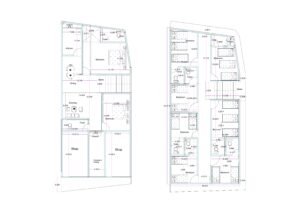 “2D floor plan of a 25×90 ft mixed-use building (actual size 24.83×90 ft) showing ground-floor shops, a 2BHK residential unit with dining, kitchen, drawing room, toilets, and staircase access. The first floor includes multiple rentable bedrooms with attached toilets arranged along a central corridor, ideal for hostel, PG, or apartment-style accommodation.”
