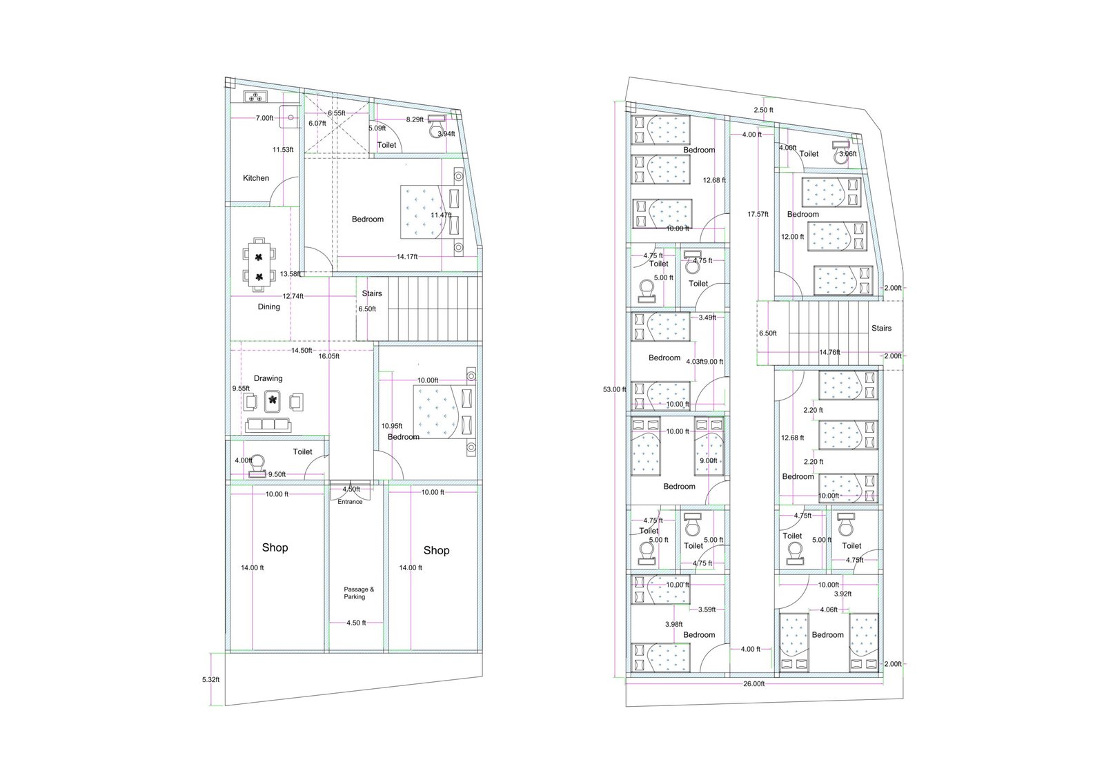 “2D floor plan of a 25×90 ft mixed-use building (actual size 24.83×90 ft) showing ground-floor shops, a 2BHK residential unit with dining, kitchen, drawing room, toilets, and staircase access. The first floor includes multiple rentable bedrooms with attached toilets arranged along a central corridor, ideal for hostel, PG, or apartment-style accommodation.”