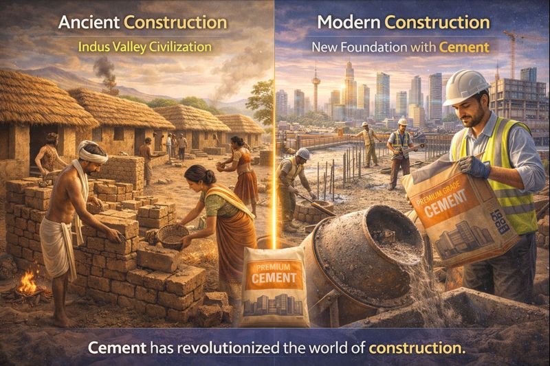 “Side-by-side comparison of Indus Valley mud house construction with handcrafted bricks and modern construction using cement, machinery, safety gear, and skyscrapers.”