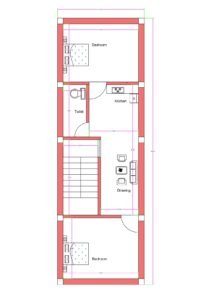 “2D floor plan of a 15×46 ft compact 2BHK house (actual size 15×46 ft) featuring two bedrooms, a drawing room, toilet, kitchen, and central staircase. The narrow-plot layout shows rooms arranged linearly with efficient circulation and maximum space utilization for small residential plots.”