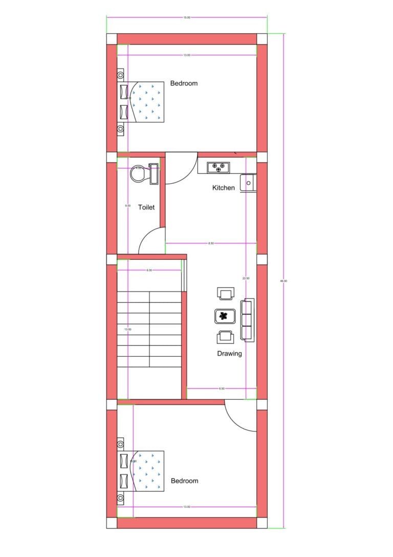 “2D floor plan of a 15×46 ft compact 2BHK house (actual size 15×46 ft) featuring two bedrooms, a drawing room, toilet, kitchen, and central staircase. The narrow-plot layout shows rooms arranged linearly with efficient circulation and maximum space utilization for small residential plots.”