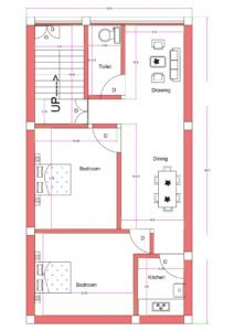 “2D floor plan of an 18×50 ft house (actual size 18×45 ft) featuring a compact 2BHK layout with two bedrooms, drawing room, dining area, kitchen, toilet, and staircase access. The design shows efficient room placement in a narrow rectangular plot, suitable for small families or rental units.”