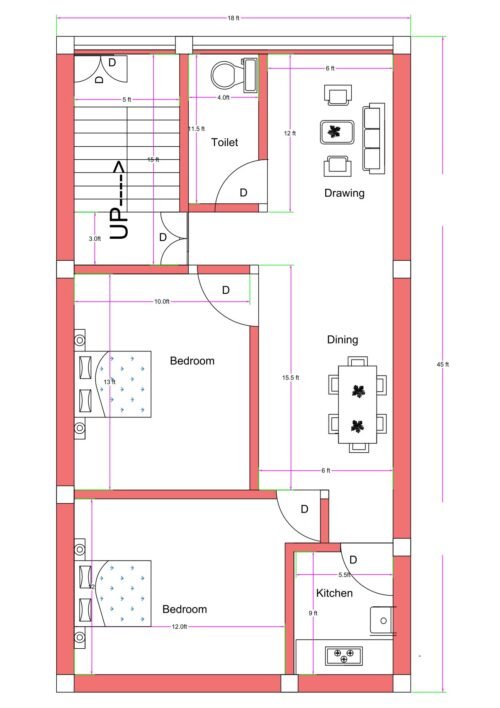 “2D floor plan of an 18×50 ft house (actual size 18×45 ft) featuring a compact 2BHK layout with two bedrooms, drawing room, dining area, kitchen, toilet, and staircase access. The design shows efficient room placement in a narrow rectangular plot, suitable for small families or rental units.”