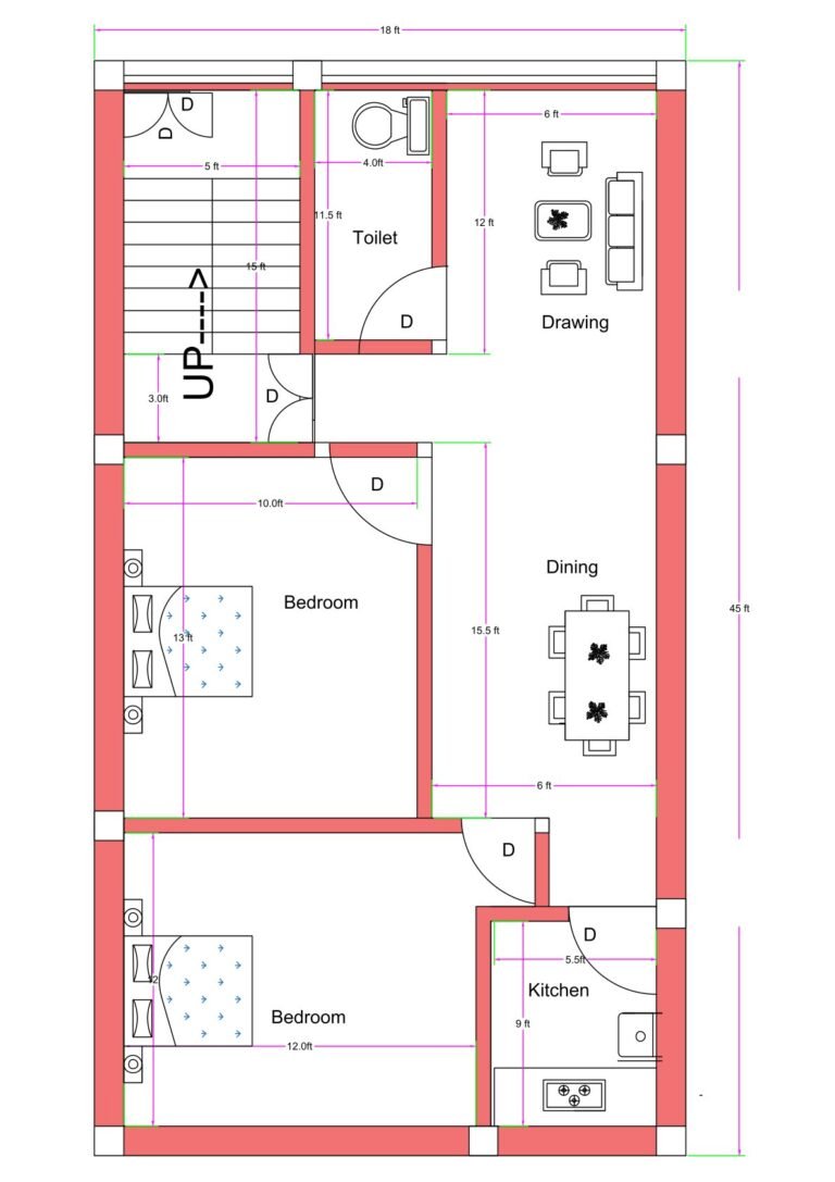“2D floor plan of an 18×50 ft house (actual size 18×45 ft) featuring a compact 2BHK layout with two bedrooms, drawing room, dining area, kitchen, toilet, and staircase access. The design shows efficient room placement in a narrow rectangular plot, suitable for small families or rental units.”