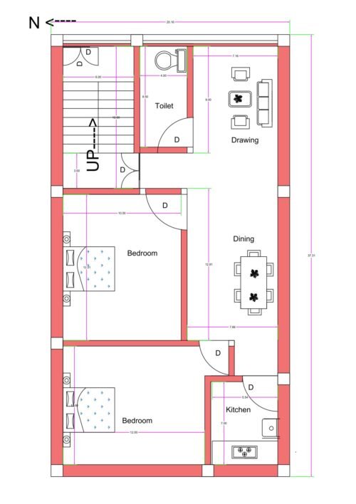 “2D floor plan of a 20×38 ft 2BHK first-floor house (actual size 20.16×37.5 ft) showing two bedrooms, a central dining area, drawing room, kitchen, common toilet, and staircase access. The layout is arranged efficiently inside a narrow rectangular plot with proper room dimensions and circulation pathways.”
