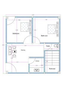 “2D floor plan of a 23×24 ft compact 2BHK house (actual size 23×24 ft) featuring two bedrooms of equal size, a central drawing room, a toilet, a kitchen, and a staircase area. The layout shows efficient use of space in a small square plot, ideal for low-budget housing or rental accommodation.”