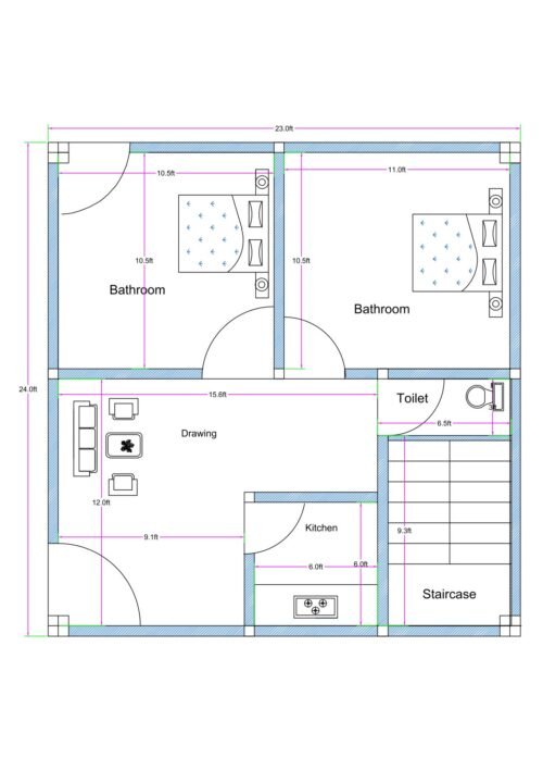 “2D floor plan of a 23×24 ft compact 2BHK house (actual size 23×24 ft) featuring two bedrooms of equal size, a central drawing room, a toilet, a kitchen, and a staircase area. The layout shows efficient use of space in a small square plot, ideal for low-budget housing or rental accommodation.”
