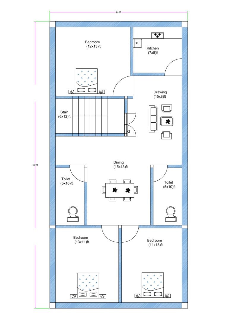 “2D floor plan of a 24×50 ft 3BHK house (actual size 24×50 ft) featuring three bedrooms, two toilets, a central dining room, a drawing room, a kitchen, and a staircase area. The layout shows a balanced design suitable for a small-to-medium family, with proper room dimensions and clear circulation pathways.”