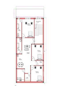 “2D floor plan of a 25×65 ft 3BHK house (actual size 25×65 ft) featuring a master bedroom, two additional bedrooms, two toilets, a drawing room, dining area, kitchen, puja room, store room, and a staircase with front parking. The layout includes an 8 ft wide west-side garden for ventilation and greenery.”