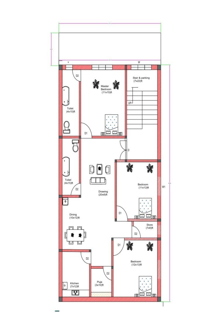 “2D floor plan of a 25×65 ft 3BHK house (actual size 25×65 ft) featuring a master bedroom, two additional bedrooms, two toilets, a drawing room, dining area, kitchen, puja room, store room, and a staircase with front parking. The layout includes an 8 ft wide west-side garden for ventilation and greenery.”